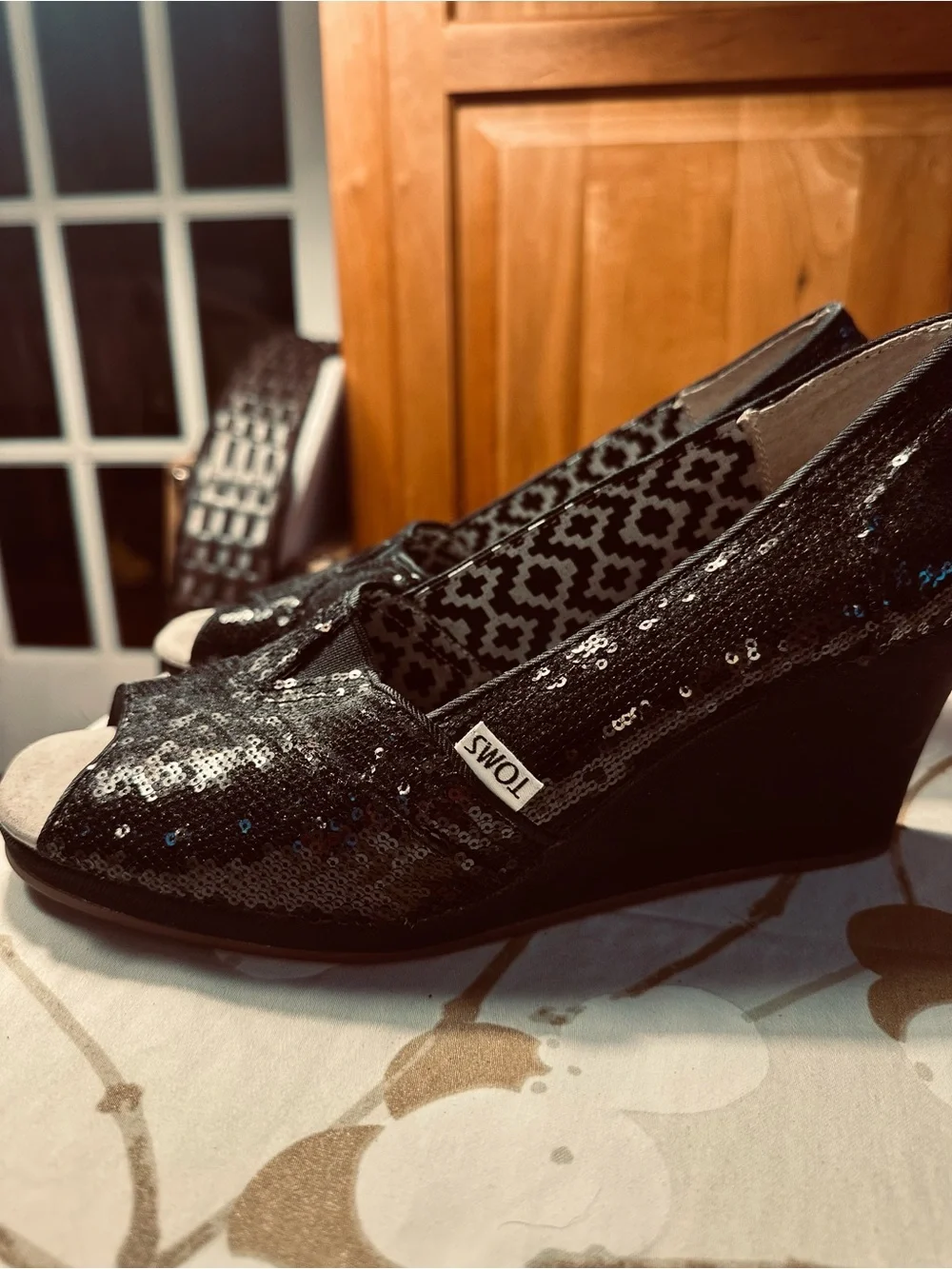 TOMS Black Sequin Wedge Peep-Toe Heels, Size 11 Wide, EUC, Wedge heel is 3.75”.